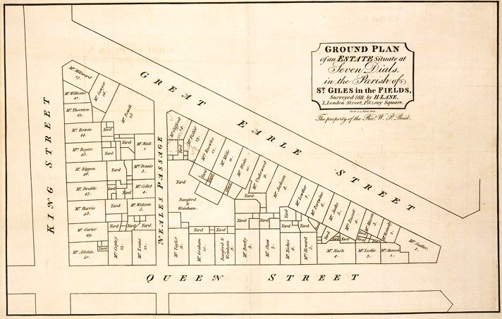 Drawing of one triangular section of Seven Dials from 1811